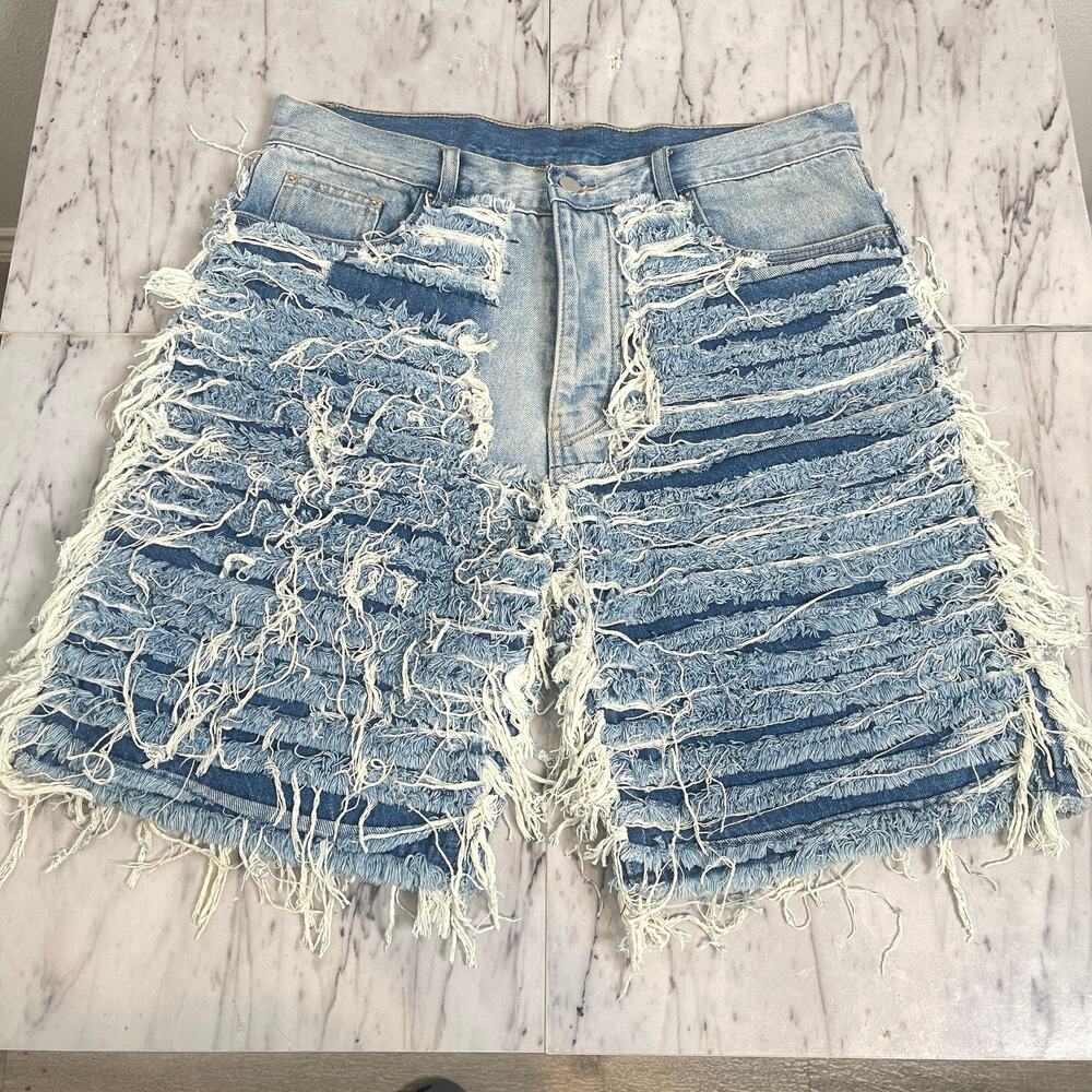 Distressed Denim Shorts Men’s Size 33 Heavy Shred Raw Hem Festival Streetwear